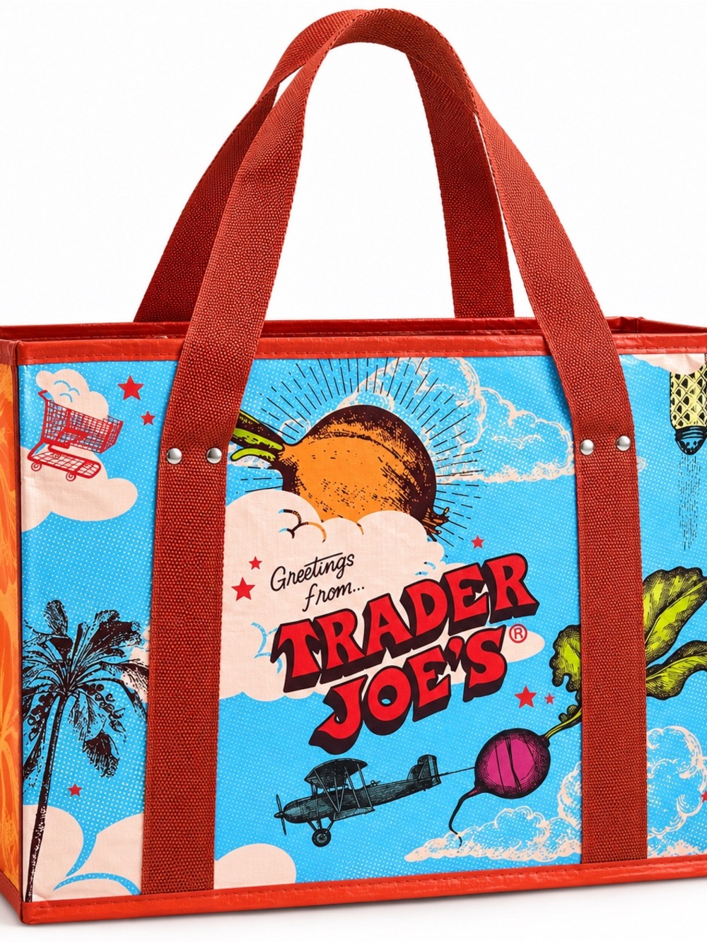 Trader Joe’s Collapsible Grocery Tote Bag 6 Gallon Retro Graphic Reusable